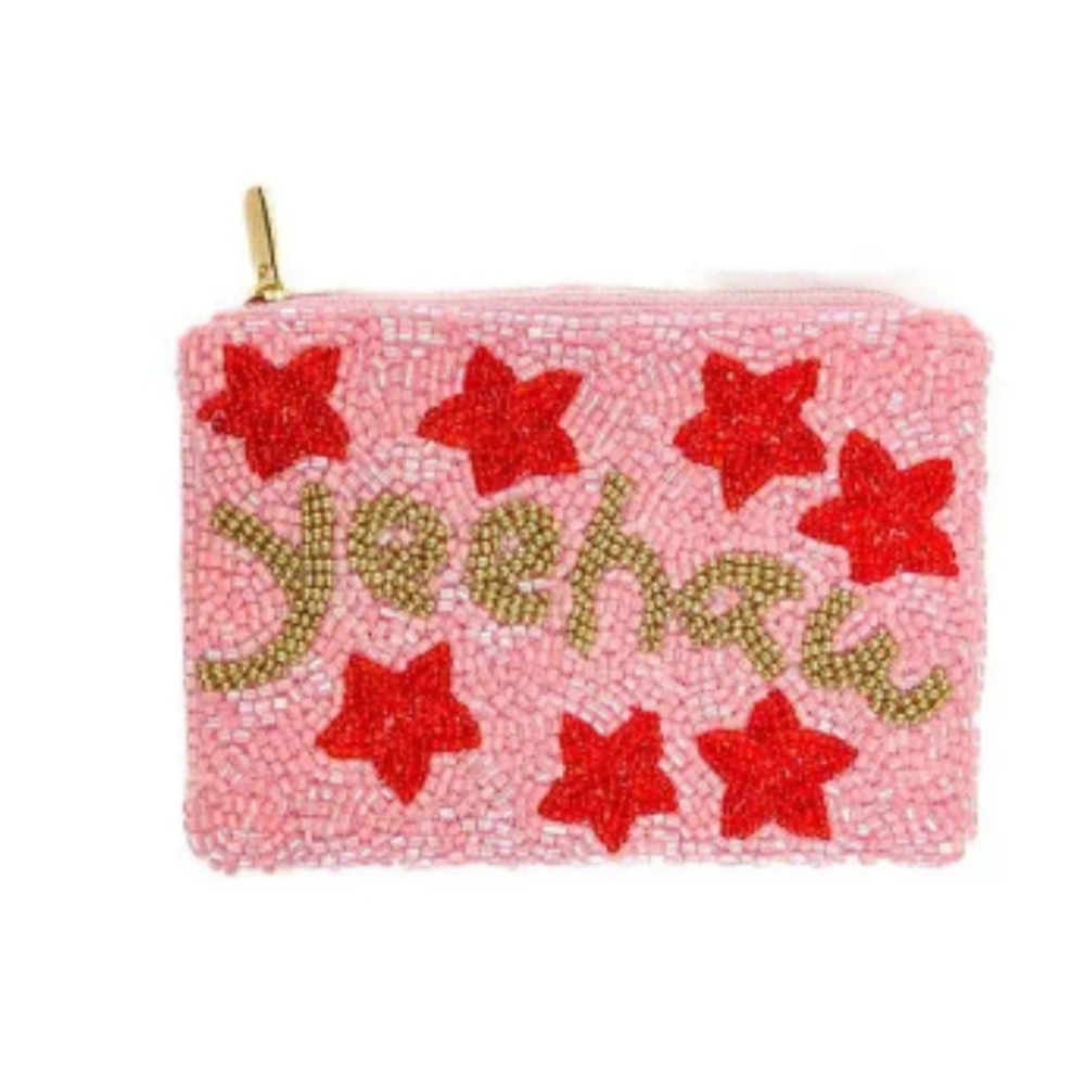 Pink Beaded Coin Purse with Red Stars "Yeehaw"